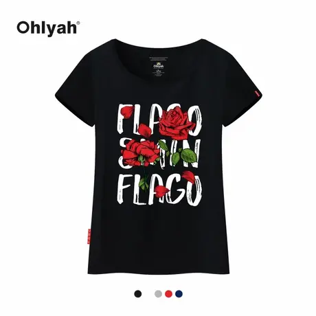 Ohlyah设计师原创卡通品牌落叶红玫瑰短款正肩短袖女修身显瘦T恤商品大图