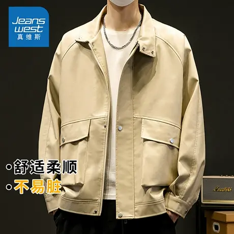 KZH真维斯翻领皮革长袖夹克男秋冬新款宽松上衣商务潮流休闲外套图片