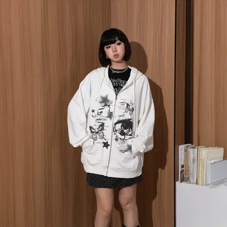 YEP复古蝴蝶印花连帽卫衣女春秋2025年新款美式潮牌帽衫开衫外套商品大图