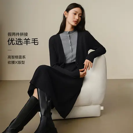 玖姿安娜蔻气质羊毛混纺半高领撞色假两件中长连衣裙女装冬季款图片