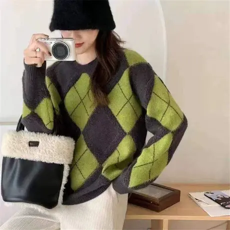 女士毛衣针织衫2023年新款韩版宽松女上衣拼色休闲秋冬女上衣外穿图片