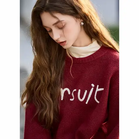 yoe秋冬新款毛衣女红色圆领字母绣花春秋韩系穿搭毛线衫TD商品大图