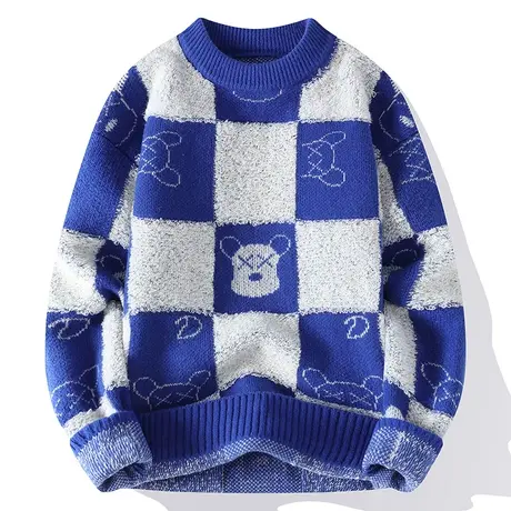 圆领毛衣2023秋冬季格子提花针织羊毛衫保暖撞色加厚打底衫男线衣图片