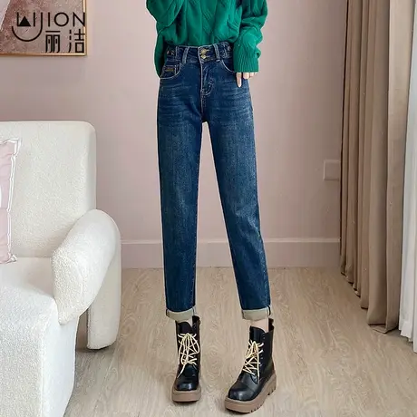 丽洁复古高腰直筒牛仔裤女冬季加绒加厚烟管裤宽松微垮裤休闲长裤商品大图