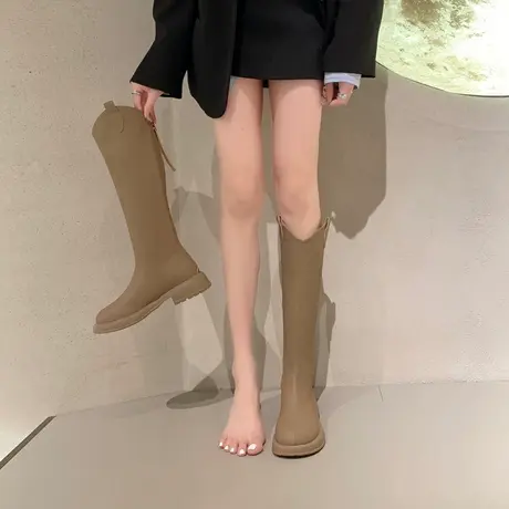 长筒靴女2023年春秋季新款复古潮流ins显瘦时装靴子粗跟v口骑士靴商品大图