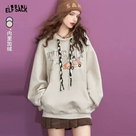 妖精的口袋长袖加绒连帽卫衣女2023冬季新款宽松印花长款套头上衣图片