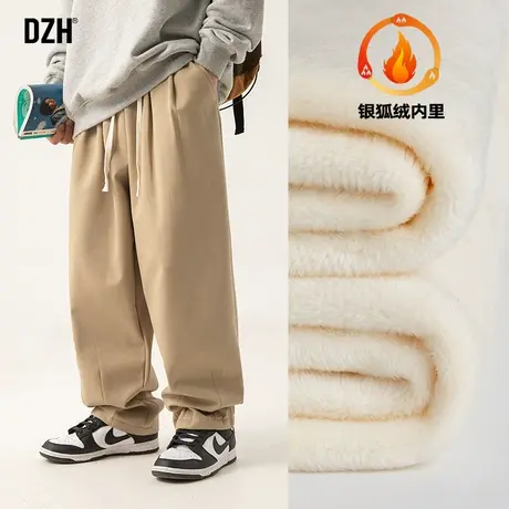 男生卡其色休闲裤男冬季加绒裤子男裤直筒裤阔腿裤运动裤加厚卫裤商品大图