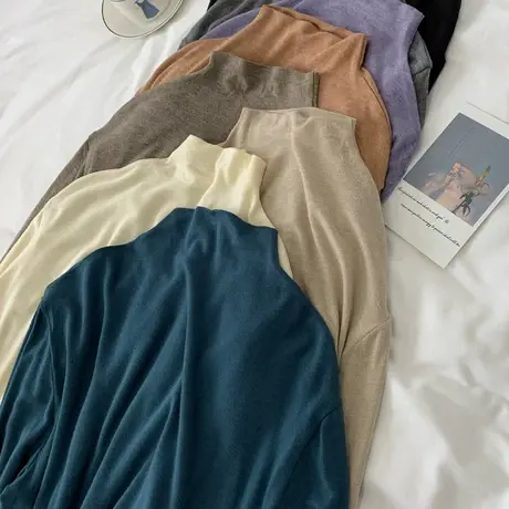 软绵绵羊绒手感 秋冬温柔纯色半高领长袖T恤女上衣薄款针织打底衫商品大图