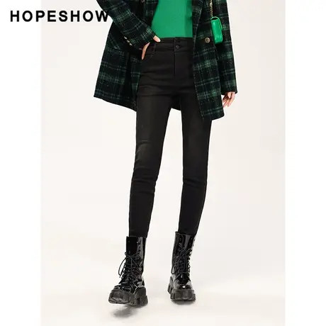 红袖outlets磨毛水洗九分裤女hopeshow2023冬款修身紧身牛仔长裤图片