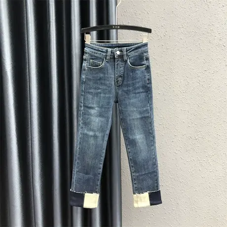 欧货卷边撞色牛仔裤女23秋冬新款高腰显瘦百搭加绒保暖九分烟管裤图片