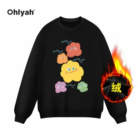 Ohlyah卡通花朵笑脸印花重磅纯棉卫衣男女美式学院风加绒外套定制图片