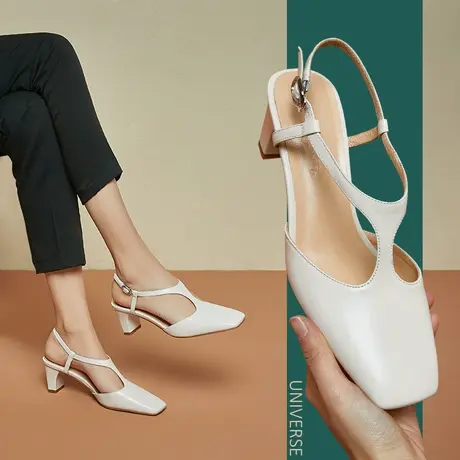 清仓包头凉鞋牛筋底方头粗跟纯色高跟鞋后空中空牛皮低帮女鞋图片