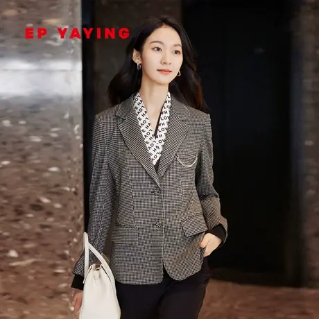 EP YAYING雅莹女装 羊毛棉黑白格纹西装外套 春装商场同款1125A图片
