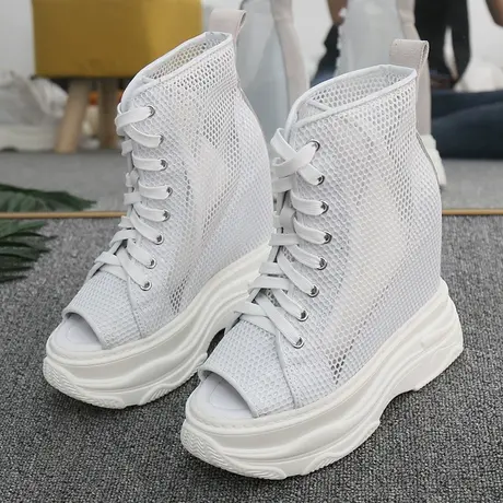 厚底网鞋女薄款镂空透气鱼嘴高帮鞋14cm运动松糕凉靴內增高老爹鞋商品大图