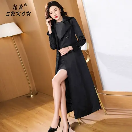 气质高档黑色风衣女长款过膝2024秋装新款收腰加大码大衣外套显瘦商品大图