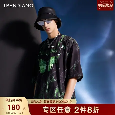 TRENDIANO官方潮牌夏季时尚欧美闪蝶刺绣印花圆领短袖无性别T恤男商品大图