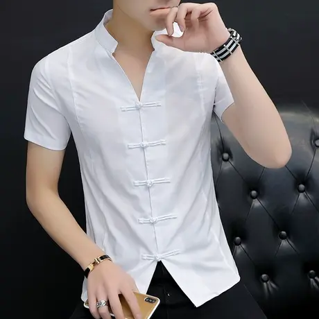 2022年夏季短袖男立领t恤ins潮牌半袖中国风男装衣服夏天帅气衬衫商品大图