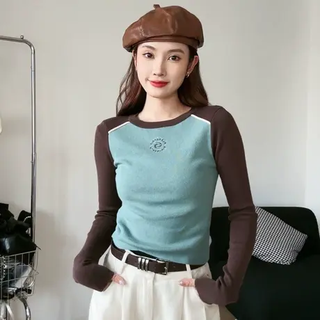 尔给初秋穿搭修身针织打底衫2023新款女插肩长袖短款甜辣小上衣商品大图