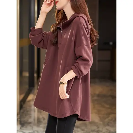 宝诗黎连帽中长款落肩长袖卫衣2023秋季新款纯色百搭宽松上衣女装商品大图