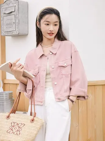 短款牛仔外套女宽松秋季新款休闲百搭刺绣工装夹克小香风粉色上衣图片