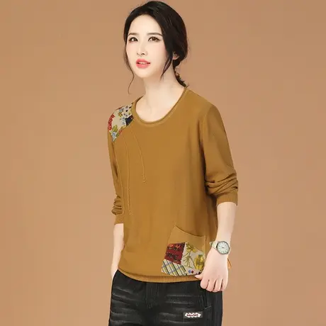 韩潮袭人复古圆领拼接长袖针织衫女2023秋冬新款休闲宽松百搭毛衣图片