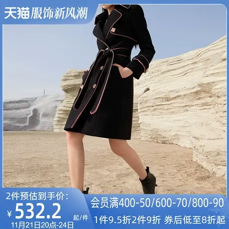 AUI黑色欧洲站中长款毛呢外套女2023冬新款御姐气质修身呢子大衣图片