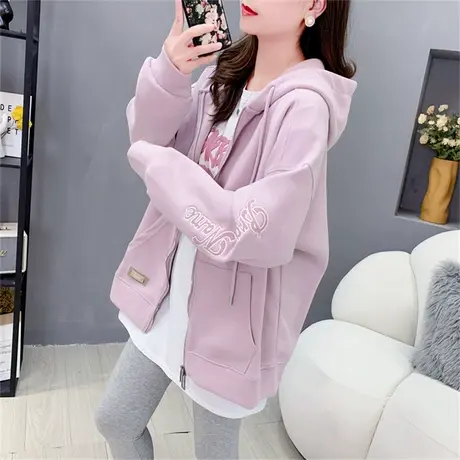 绿色连帽卫衣外套女早秋2023新款韩版宽松慵懒风chic百搭开衫上衣图片