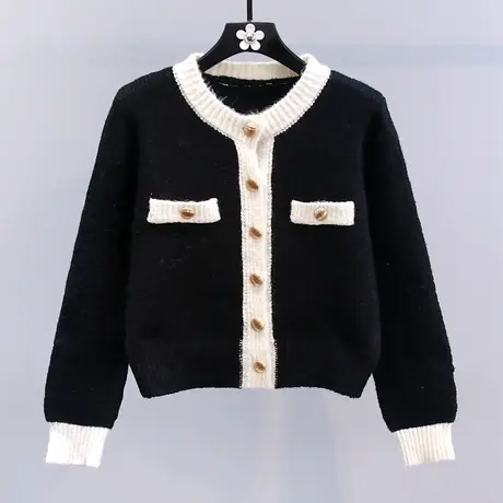 小香风慵懒短款毛衣外套女秋冬2023新款高级感小个子拼色针织开衫图片