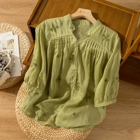 七分袖苎麻上衣刺绣宽松文艺复古棉麻衬衫高级感夏天薄款2022新款商品大图