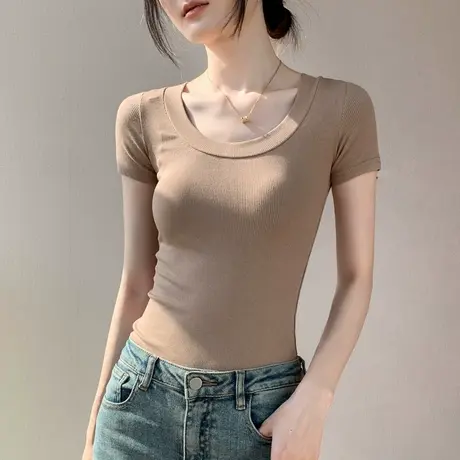 正肩圆领纯色短袖T恤女2023春季新款修身显瘦简约百搭内搭打底衫图片
