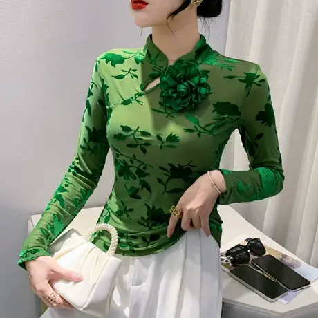 复古立领盘扣T恤女长袖秋装国风高级感上衣性感网纱内搭打底衫ins商品大图