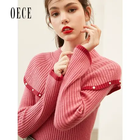 Oece秋冬新款女装 小甜蜜复古设计感撞色长袖修身针织衫上衣商品大图