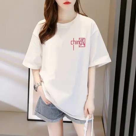 国潮短袖t恤女装2024年夏季新款中国风宽松体恤潮中长款纯棉上衣商品大图