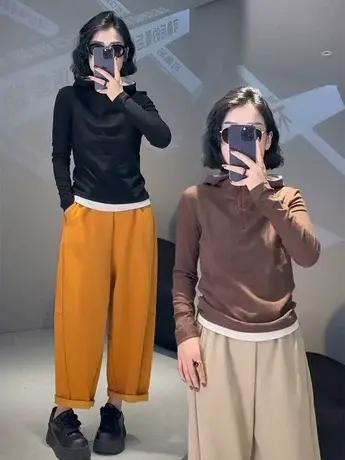 连帽卫衣女2023秋冬新款修身显瘦保暖韩版时尚百搭显瘦假两件上衣商品大图