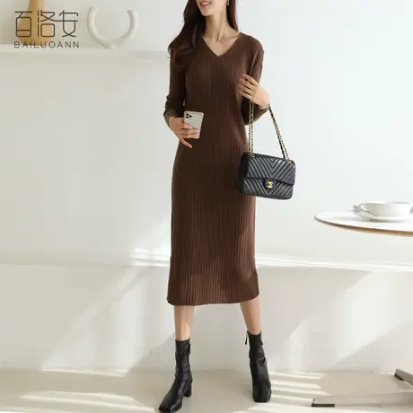 百洛安百搭针织连衣裙女春季新款弹力保暖显瘦长款过膝打底毛衣女图片