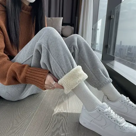 羊羔绒运动裤女九分204秋冬新款高腰宽松加绒加厚休闲九分束脚裤商品大图