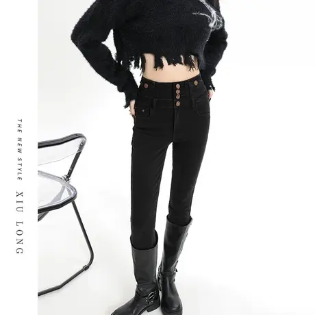 黑色小脚牛仔裤女春秋季2023新款高腰修身显瘦显高设计感铅笔裤子商品大图