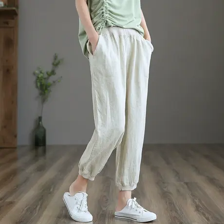 dza 棉麻裤子女士2022夏季新款九分休闲裤宽松阔腿裤萝卜亚麻裤薄商品大图