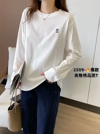 中长款纯棉内搭打底衫长袖刺绣白t恤女装宽松气质百搭上衣体恤衫商品大图