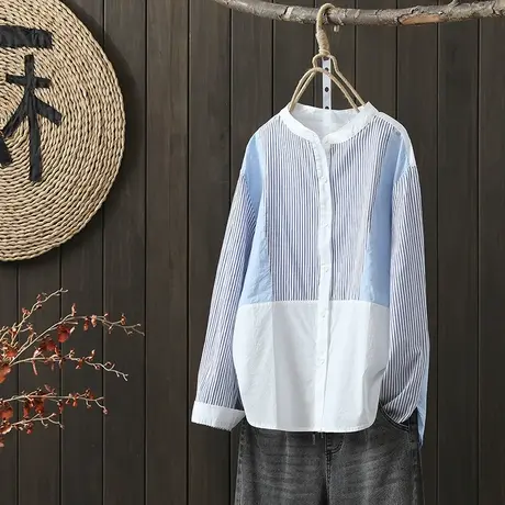 枫谜2022年秋装新款文艺韩版条纹拼接长袖衬衫女宽松休闲长袖衬衣图片