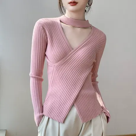 黑色长袖针织衫女2023秋冬新品挂脖交叉v领正肩内搭上衣打底衫图片