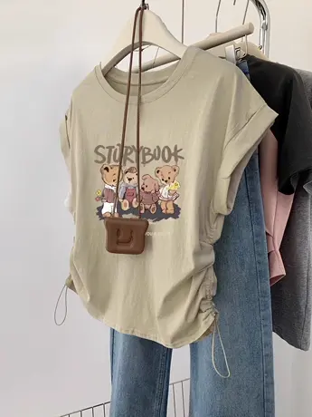 不规则短款正肩短袖t恤女韩系chic大码修身显瘦体恤ins潮抽绳上衣商品大图