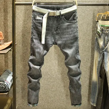 黑灰色夏季牛仔裤男款高端印花修身小脚裤小众刺绣百搭休闲长裤子商品大图