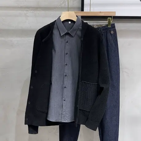 男士条纹口袋呢子立领设计短款针织呢子夹克秋冬新款宽松毛呢外套图片