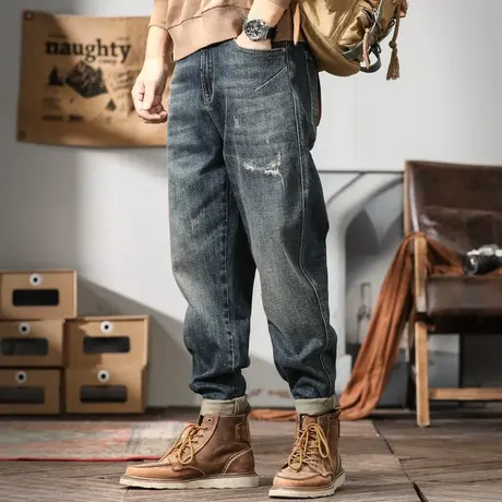 休闲直筒宽松牛仔裤大码水洗做旧裤子百搭潮流复古男士百搭牛仔裤商品大图
