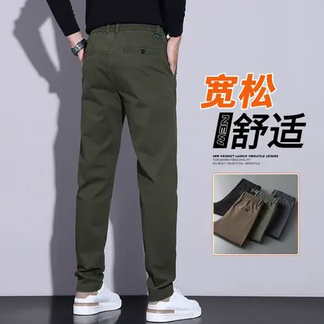春天军绿色男士工作百搭纯棉西裤春秋款男生宽松休闲裤子春季男装商品大图