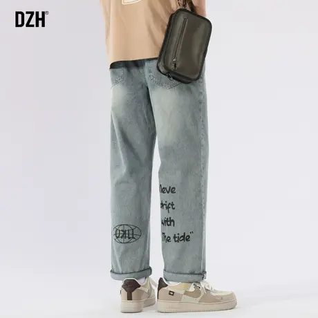 男士字母印花牛仔裤男直筒宽松裤子美式高街休闲裤秋冬新款直筒裤商品大图