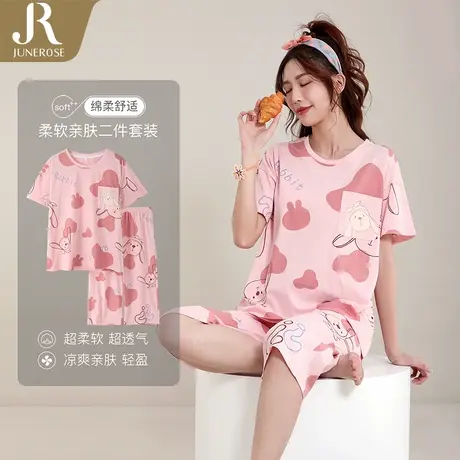 六月玫瑰睡衣女夏天纯棉家居服套装大码短袖圆领新款可爱休闲时尚图片