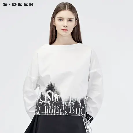 sdeer圣迪奥2019秋装女装圆领水墨印花蝙蝠袖衬衫S19180532图片
