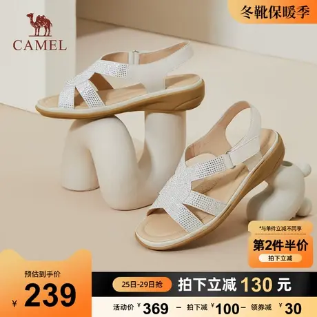 骆驼女鞋2023年夏季新款真皮一字带露趾粗跟休闲罗马时装凉鞋女图片